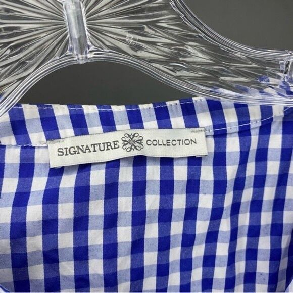 Avon Signature Collection Blue White Gingham Plaid Floral Embroidered V Neck S - Picture 10 of 11